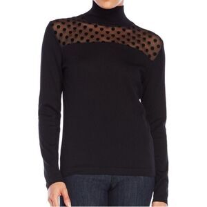 AUGUST SILK mock neck black sheer mesh polkadot lightweight modal sweater S